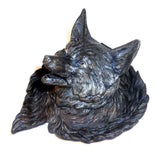 Old Unusual Metal Desktop Inkwell Wolf's Head Hinged Top Missing Glass Insert