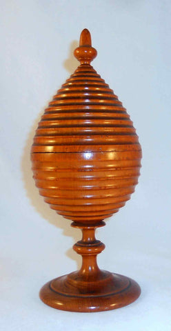 Antique Large Top-Shaped Turned Cherry Wood Covered Sugar Bowl Acorn Finial