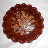 1982 Oley Valley PA Scalloped Redware Plate Sgraffito Bird Tulips Design Youder